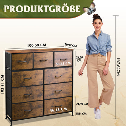 WLIVE Kommode mit 9 Schubladen aus Stoff - Vintagebraun-Schwarz