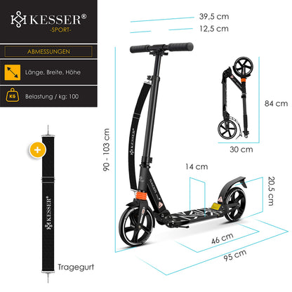 KESSER® Cityroller Scooter 205mm Räder PU Big Wheel - Pro-S Tretroller mit Doppel Federung, City-Roller Scooter klappbar und Höhenverstellbar, Inkl. Gurt, Roller Kickscooter für Erwachsene und Kinder