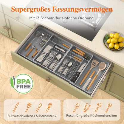 Lifewit Besteckkasten für Schubladen, verstellbar, 11-13 Fächer, grau