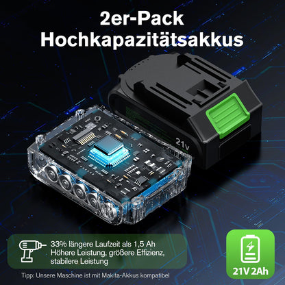 Ginour Akku-Schlagbohrschrauber 21V, bürstenlos, 50 Nm, 2x 2Ah Akkus