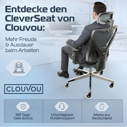 CLOUVOU CleverSeat Ergonomischer Bürostuhl mit 4D-Armlehnen, 150 kg