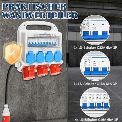 Warmfay Baustromverteiler – 4x Schuko, 2x CEE 16A, 1x CEE 32A IP67