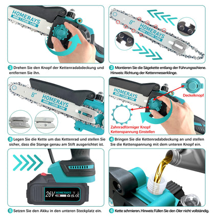 Homerays Mini Kettensäge mit Akku, 8 & 6 Zoll, bürstenloser Motor
