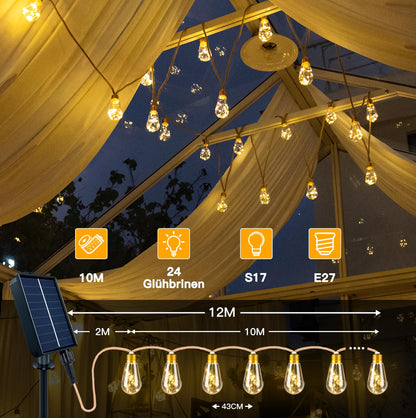 Ollny Solar Lichterkette Aussen, 24 S17 Glühbirnen, 12 m, dimmbar