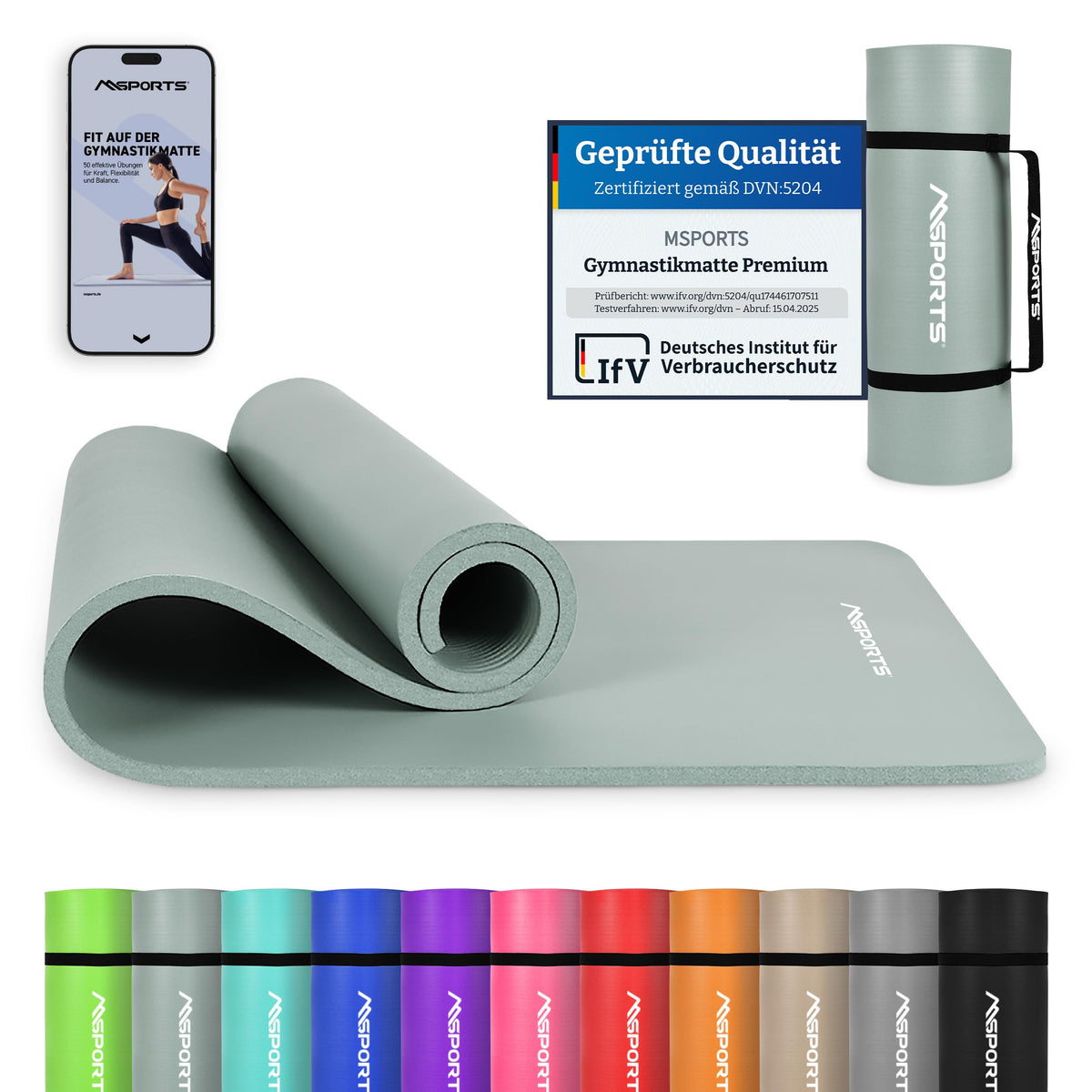 MSPORTS Gymnastikmatte Premium 190 x 100 x 1,5 cm Steingrau, aufrollbare NBR-Fitnessmatte mit Tragegurt