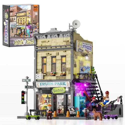 FUNWHOLE Skate Shop Bausteine Set mit LED Licht, 1573 Teile. Detailliertes Modell eines mehrstöckigen Skate-Shops mit funktionaler LED-Beleuchtung zur Präsentation.
