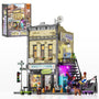 FUNWHOLE Skate Shop Bausteine Set mit LED Licht, 1573 Teile. Detailliertes Modell eines mehrstöckigen Skate-Shops mit funktionaler LED-Beleuchtung zur Präsentation.