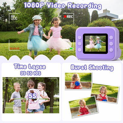 Hangrui H3 Kinderkamera Sofortbildkamera 1080P mit 32-GB-Karte, Lila