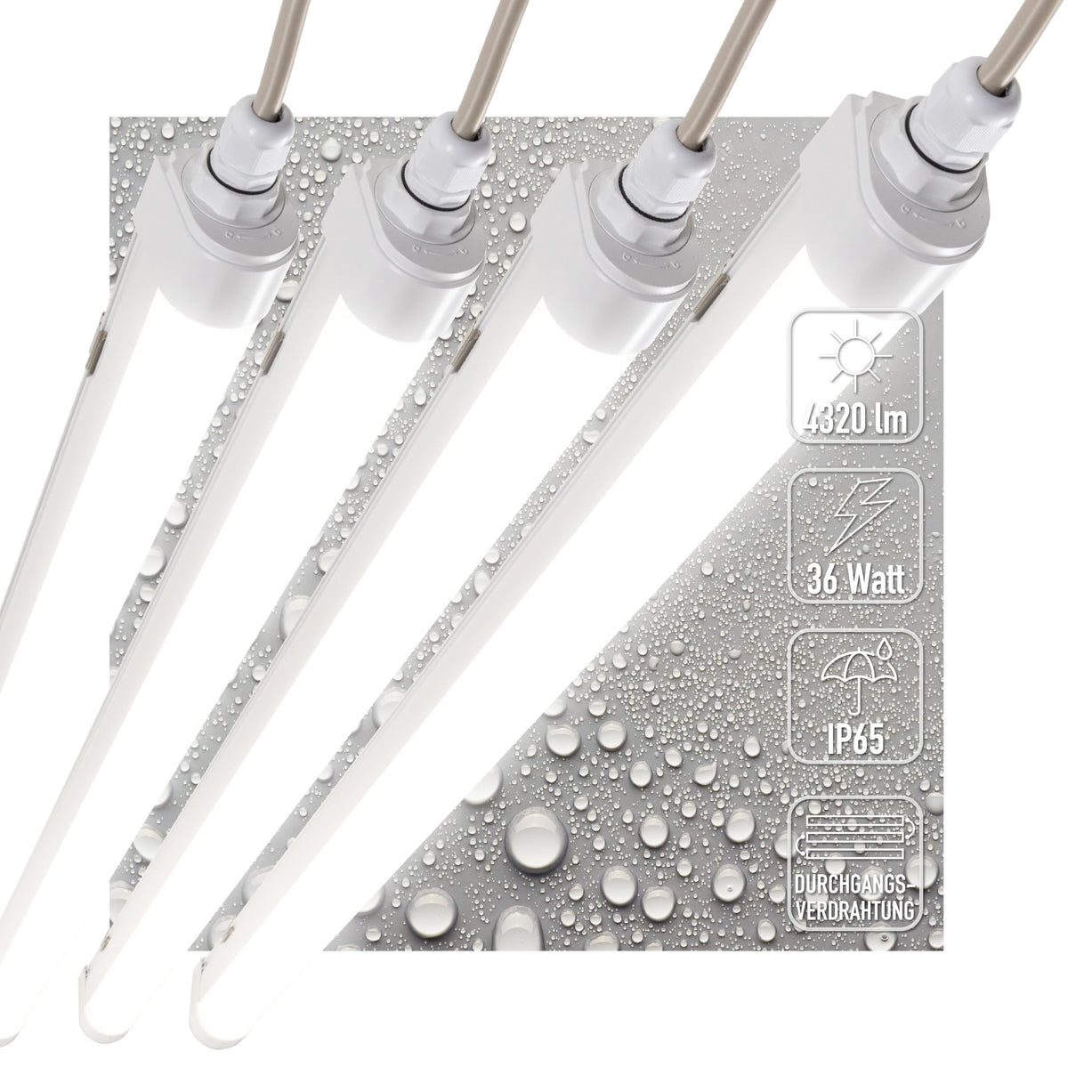 Proventa LED Feuchtraumleuchte 120cm 4er Pack IP65 36W 4000K. Lange, lineare Leuchte für neutralweißes Licht in feuchten Räumen.