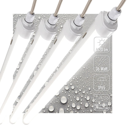 Proventa LED Feuchtraumleuchte 120cm 4er Pack IP65 36W 4000K. Lange, lineare Leuchte für neutralweißes Licht in feuchten Räumen.