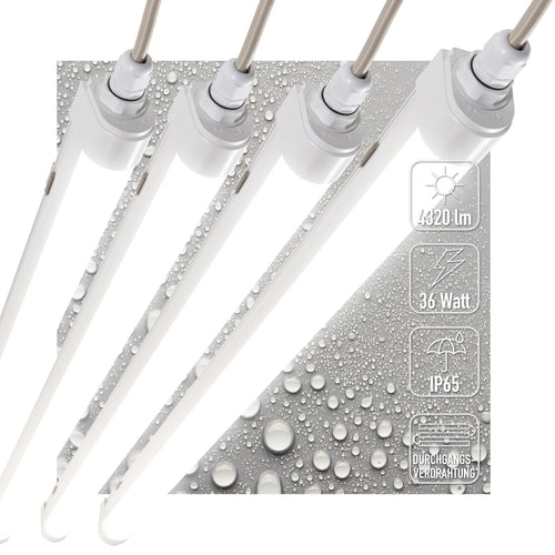 Proventa LED Feuchtraumleuchte 120cm 4er Pack IP65 36W 4000K. Lange, lineare Leuchte für neutralweißes Licht in feuchten Räumen.