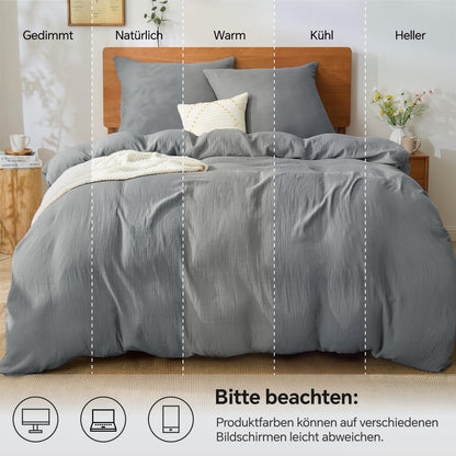 BEDELITE Musselin Bettwäsche 135x200 cm Baumwolle, 2-teilig, Grau