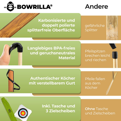 BOWRILLA Pfeil und Bogen Set für Kinder mit 10 Pfeilen und Köcher