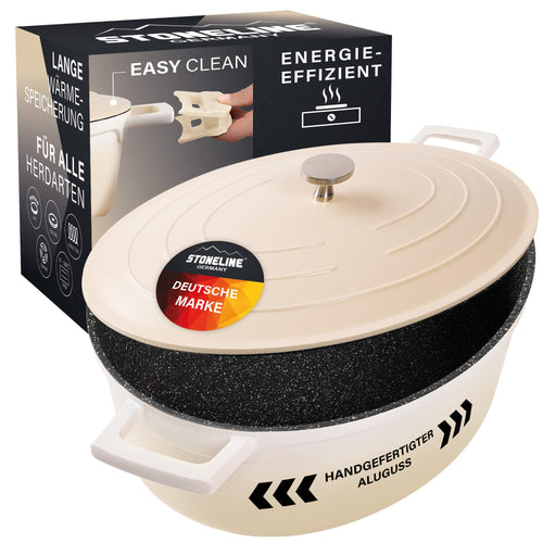 STONELINE Cocotte Bräter Aluguss Induktion 32cm - Creme. Cremefarbener Bräter zum Braten, Schmoren und Kochen.