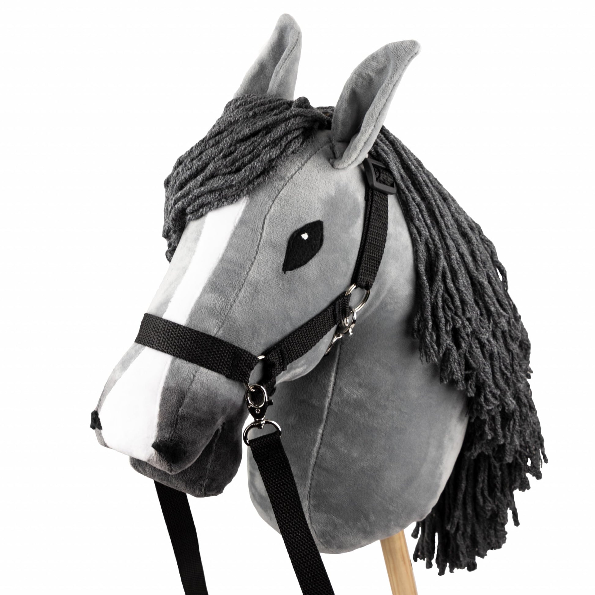 SKIPPI Hobby Horse A3 Steckenpferd Grau im Set. Graues Steckenpferd, geformt als Pferdekopf mit Holzstab, zum Spielen und Reiten.
