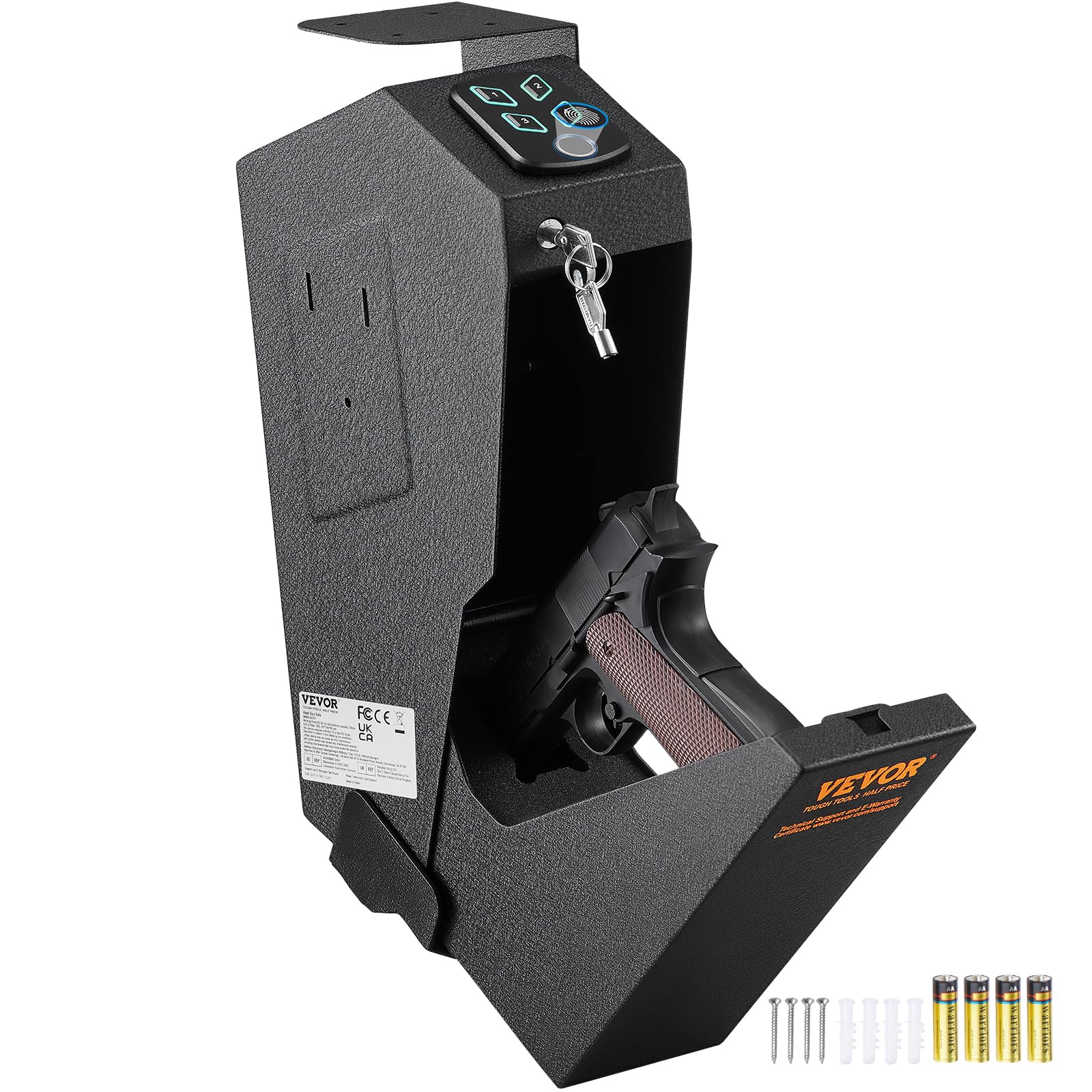 VEVOR Pistolentresor Wandmontiert – Fingerabdruck 1 Pistole. Rechteckiger, dunkler Metalltresor, sichert Pistole per Fingerabdruck.