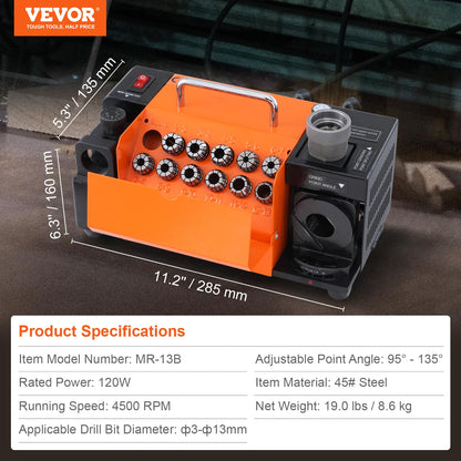 VEVOR Bohrerschleifer MR-13B Schärfmaschine 3-13mm verstellbar
