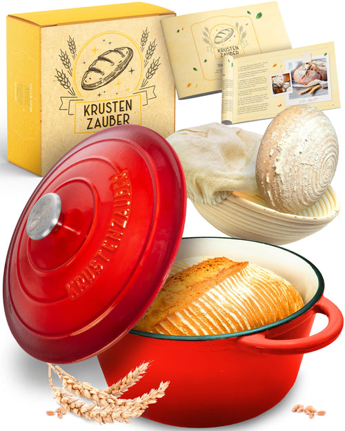 KRUSTENZAUBER Gusseisen Topf – Brottopf 26cm emailliert. Runder, emaillierter Gusseisentopf (26cm Ø) mit Deckel für Brotteig.