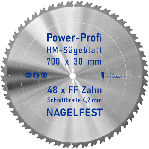 AZprof HM-Kreissägeblatt 700 x 30 mm, 48 Zähne, nagelfest FF-S mit Hartmetallzähnen und Spanabweiser