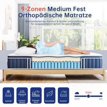TeQsli Gel-Federkernmatratze 140x200 cm, H3, 25 cm, 9-Zonen