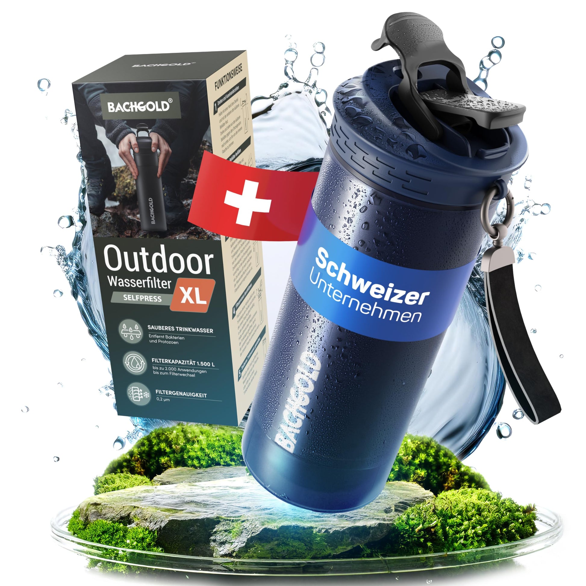 Bachgold Profi Outdoor Wasserfilter Flasche XL 800ml - Blackout. Schwarze Flasche filtert Naturwasser zu Trinkwasser.
