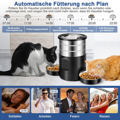 Automatischer Futterautomat Katze 5L – WiFi Edelstahl, 2 Näpfe