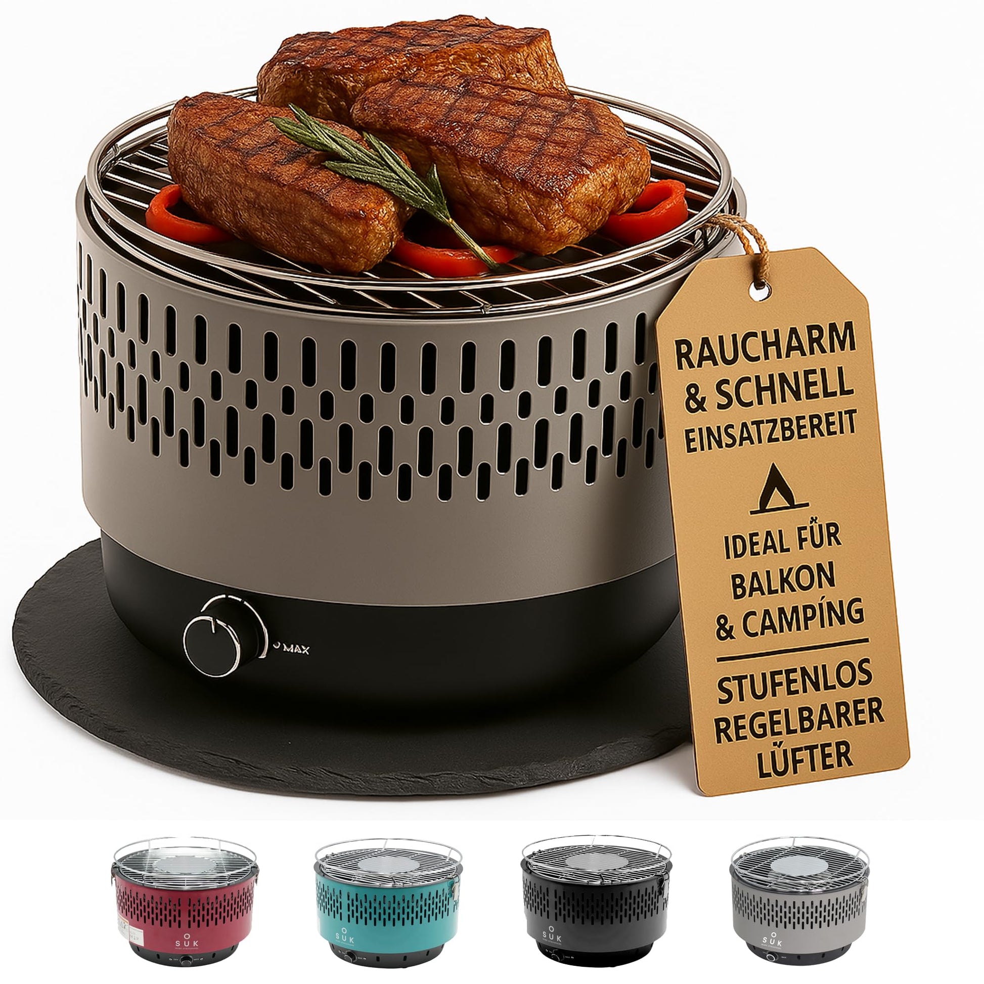 SOUK ONE Tischgrill Aktivbelüftung Holzkohlegrill – Grau. Runder, grauer Holzkohlegrill mit Aktivbelüftung für direktes Grillen am Tisch.