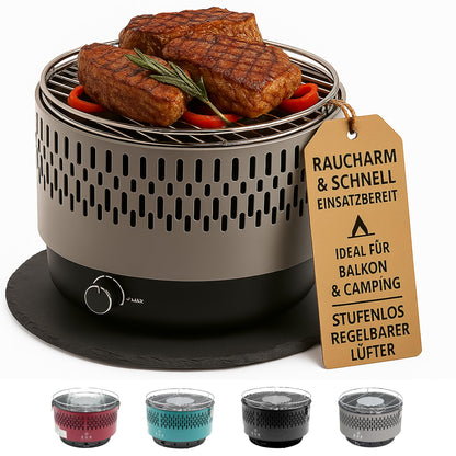 SOUK ONE Tischgrill Aktivbelüftung Holzkohlegrill – Grau. Runder, grauer Holzkohlegrill mit Aktivbelüftung für direktes Grillen am Tisch.