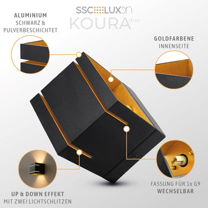 SSC-LUXon KOURA Wandlampe schwarz-gold, 2er-Set für G9 LED