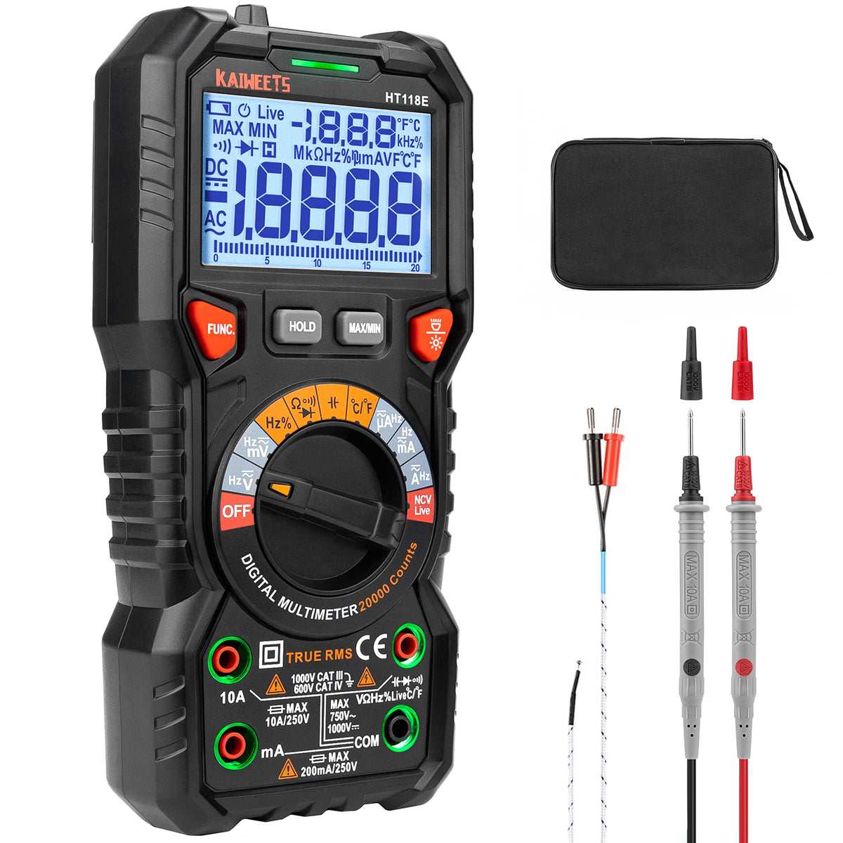 KAIWEETS HT118E Digital Multimeter True RMS Auto-Range 20000 Counts mit LCD-Display und Silikonhülle