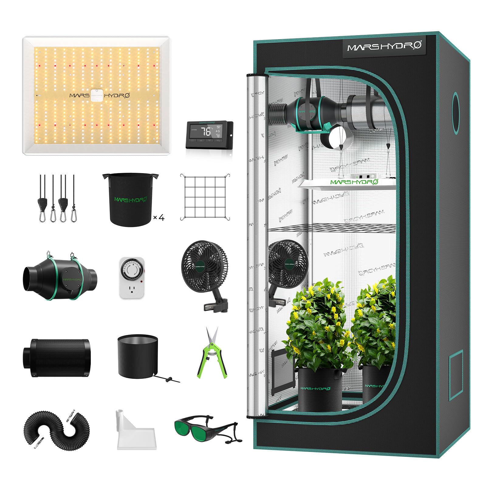 MARS HYDRO TS1000 LED Growzelt Komplettset - 80x80x160cm. Schwarzes, rechteckiges Zelt mit reflektierender Innenseite zur Pflanzenzucht.