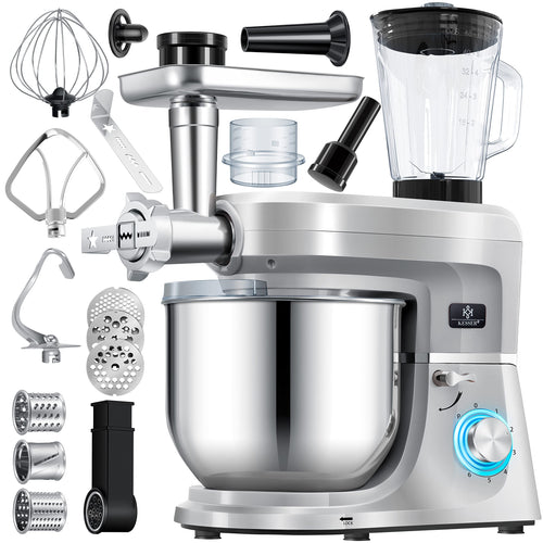 KESSER K-KM 3000 3-in-1 Universal Küchenmaschine - Multifunktion. Silberne Maschine mit Rührschüssel für Teig, Cremes und Fleisch.