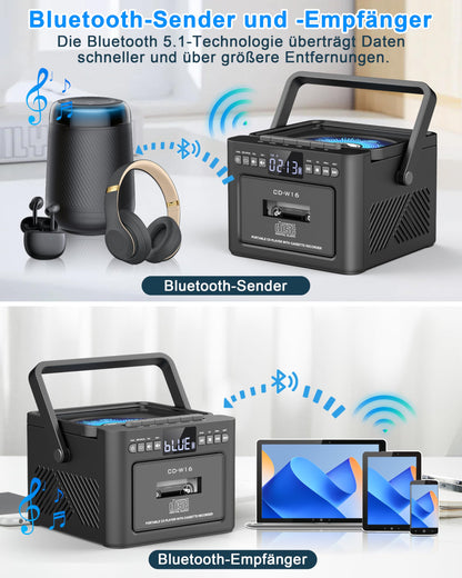 Greadio CD-Player tragbar mit Kassette, UKW Radio und Bluetooth