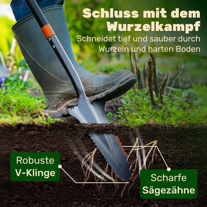 BoomDing Wurzelspaten WSP – Gartenspaten mit Wurzelsäge und Trittkante