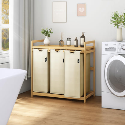 AdelDream Wäschekorb 150 L mit 3 Fächern, Bambusrahmen, Beige
