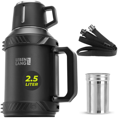 LEBENLANG Thermosflasche 2,5 L Edelstahl Isolierflasche mit Becher und Tragegurt