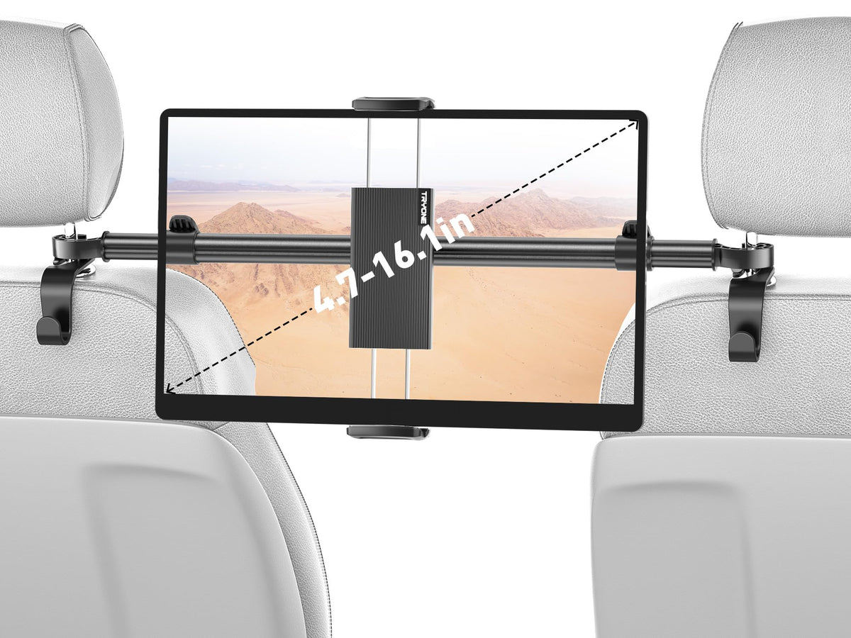 TRYONE Tablet Halterung Auto Kopfstützenhalter 4,7–12,9 Zoll mit Teleskopstange aus Aluminium und 2 Haken