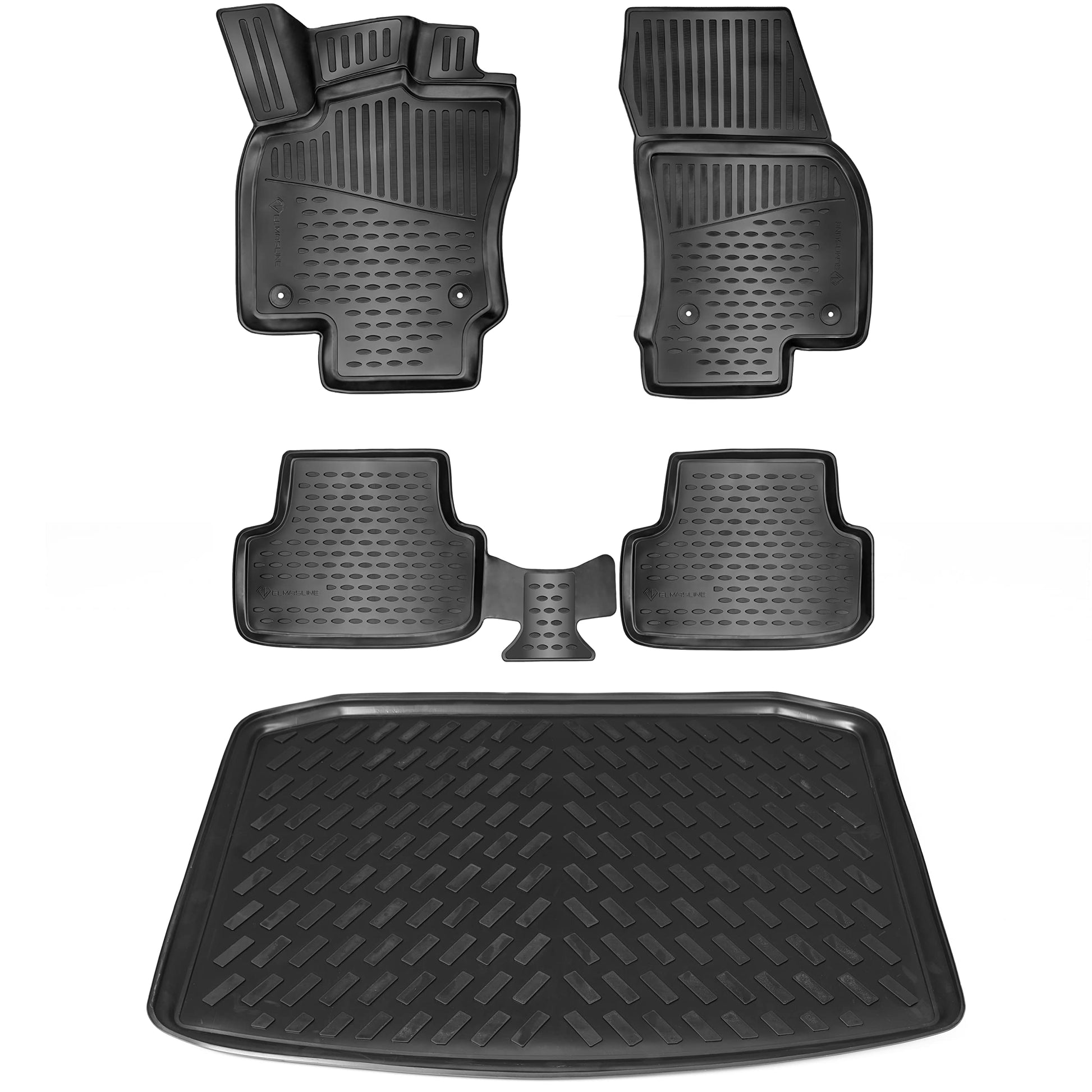 ELMASLINE VW Tiguan II (2016-2024) Gummimatten Set + Wanne 5cm Rand: Schwarzes Set zum Schutz des Fahrzeuginnenraums.