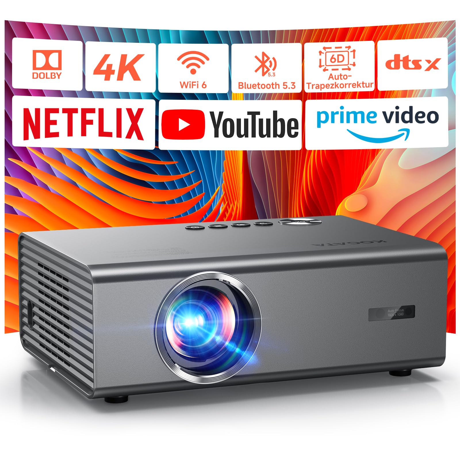 KOGATA 4K Smart Beamer – Heimkino Projektor mit Netflix, rechteckig, schwarz. Projiziert 4K Inhalte für das Heimkino.