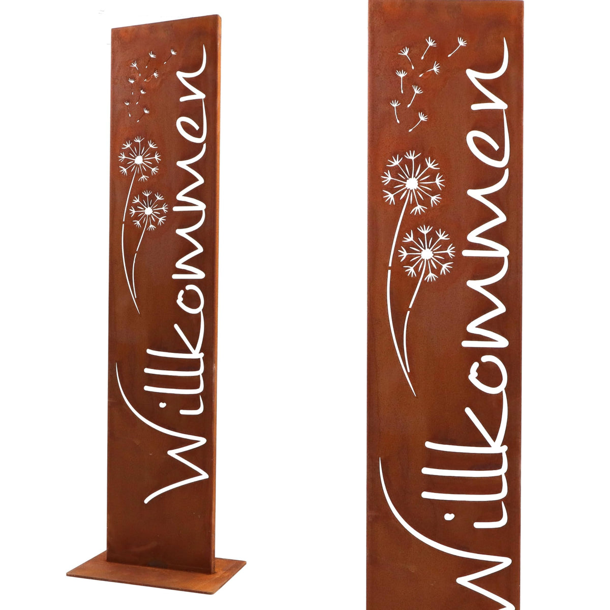 Rostikal Willkommensschild Edelrost mit Pusteblume, Gartendeko 71 cm – Metallschild in Rostoptik auf Standfuss