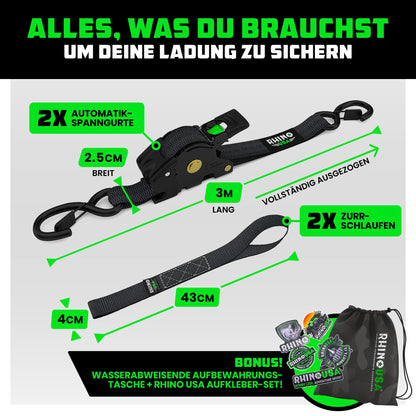 Rhino USA Spanngurte selbstaufrollend, 2er-Pack, 2,5 cm x 3 m, schwarz