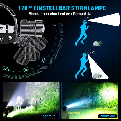 Glarylight LED-Stirnlampe wiederaufladbar, 120000 Lumen, IPX7, zoombar