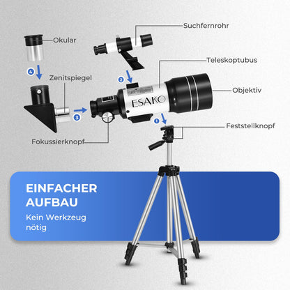 ESAKO Linsenteleskop 70 mm für Kinder & Einsteiger mit Stativ