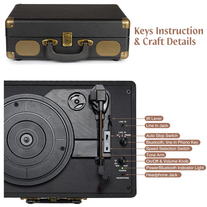 Vintage Koffer Plattenspieler – Bluetooth Vinyl, 3-Gang