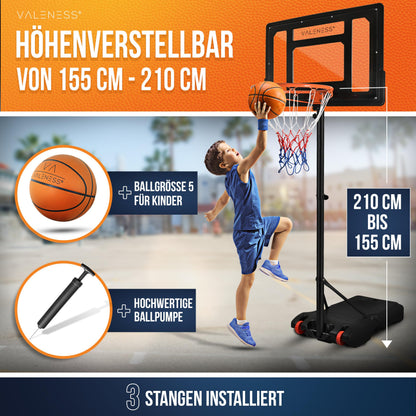 VALENESS Basketballkorb Outdoor höhenverstellbar 150-210 cm mit Ball