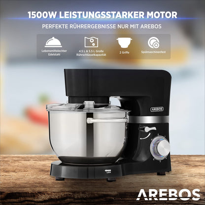 Arebos Küchenmaschine 1500 W Knetmaschine mit 2 Edelstahlschüsseln