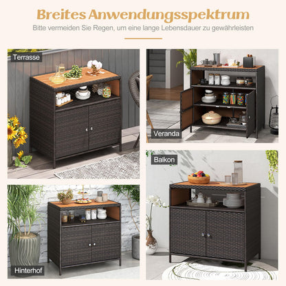 COSTWAY Gartenschrank Rattan mit Akazienholz-Arbeitsplatte, Braun