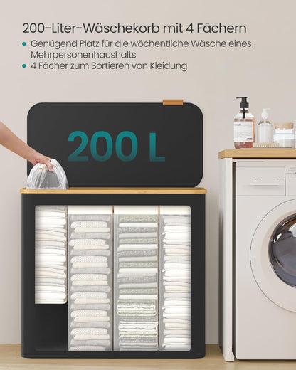 SONGMICS Wäschekorb mit Deckel, 4 Fächer, 200 L, tintenschwarz