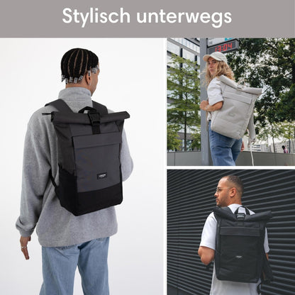 LARKSON No 4 Rolltop Rucksack Schwarz Grau mit Laptopfach 16 Zoll