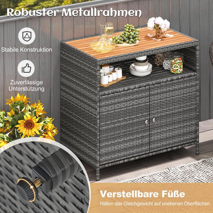 COSTWAY Gartenschrank Rattan mit Akazienholz-Arbeitsplatte, Grau